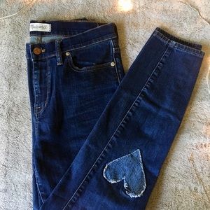 Dark Wash High Riser Skinny Jeans with Heart Patch